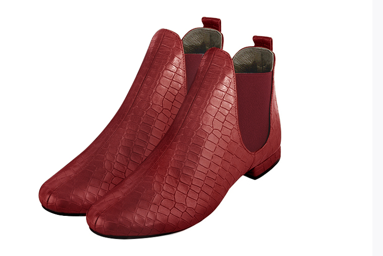 Bottines élégantes et raffinées avec des élastiques sur les côtés, coloris rouge coquelicot. Bout rond. Plat. Talon bottier. Personnalisation : Choix des cuirs, des couleurs et des talons. Cou-de-pied sur mesure. - Florence KOOIJMAN